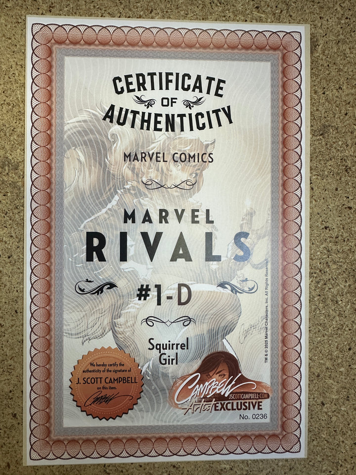 Marvel Rivals #1 D Squirrel Girl signed by J Scott Campbell w/ COA