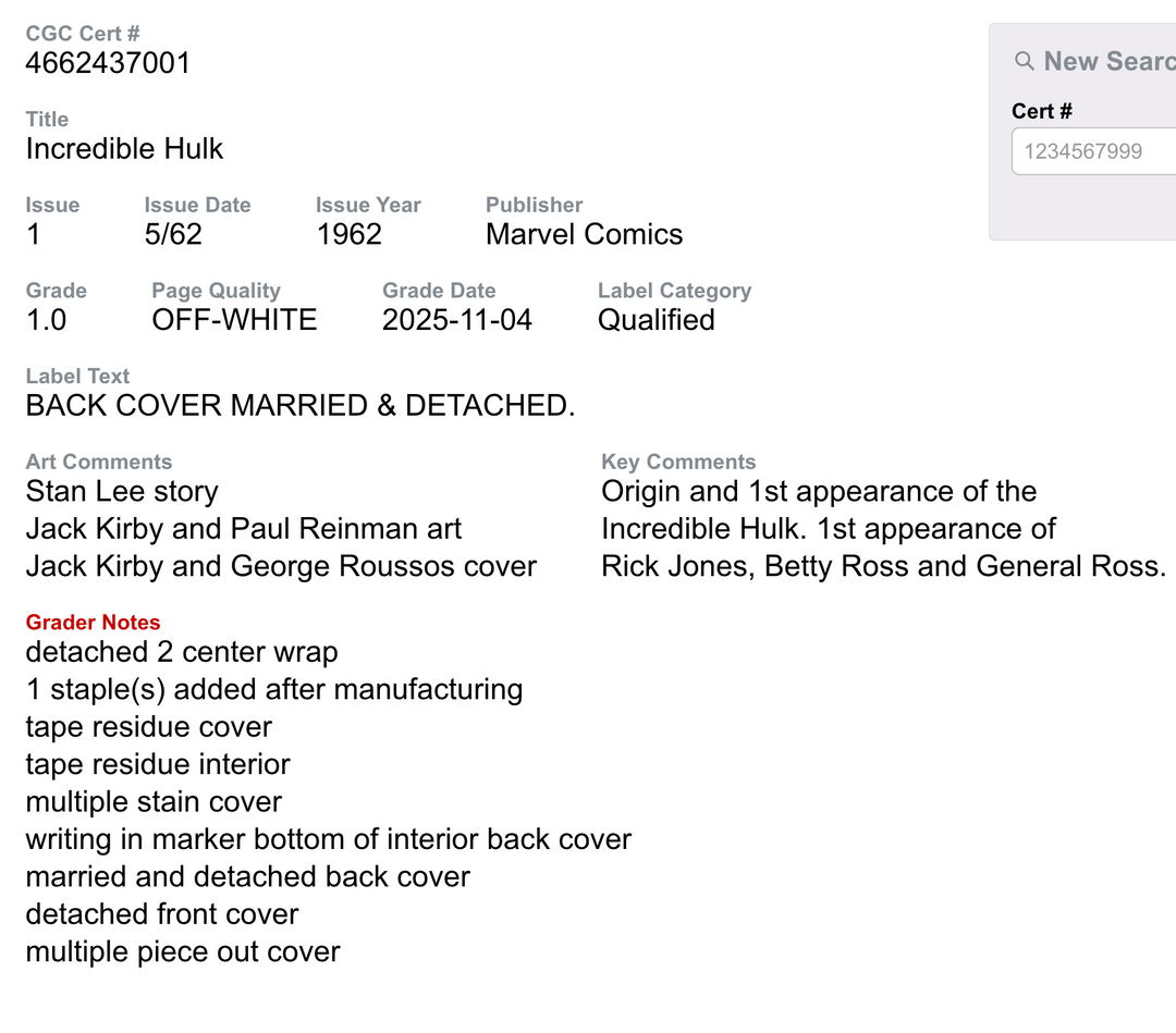 Incredible Hulk #1 1962 CGC 1.0 Qualified